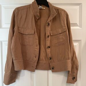 C&C California Linen Blend Camel Brown Button Down Moto Jacket Womens Small Tan